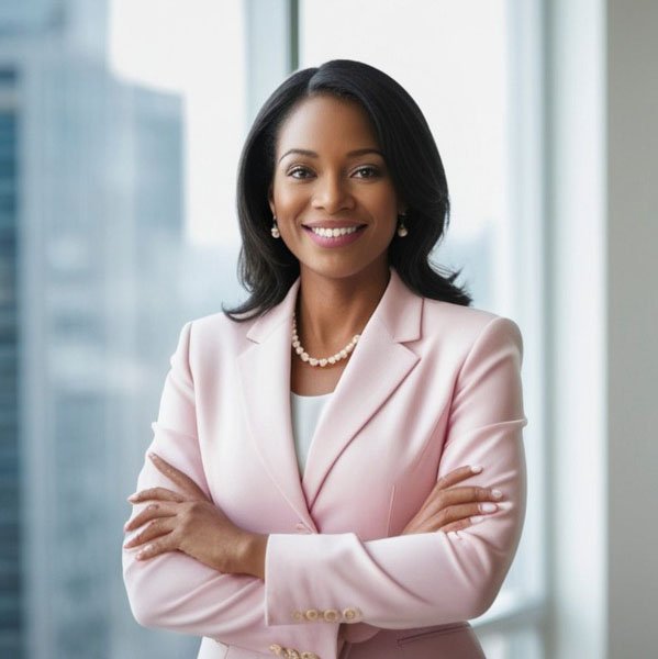 Confident Women in Pink, smiling at work