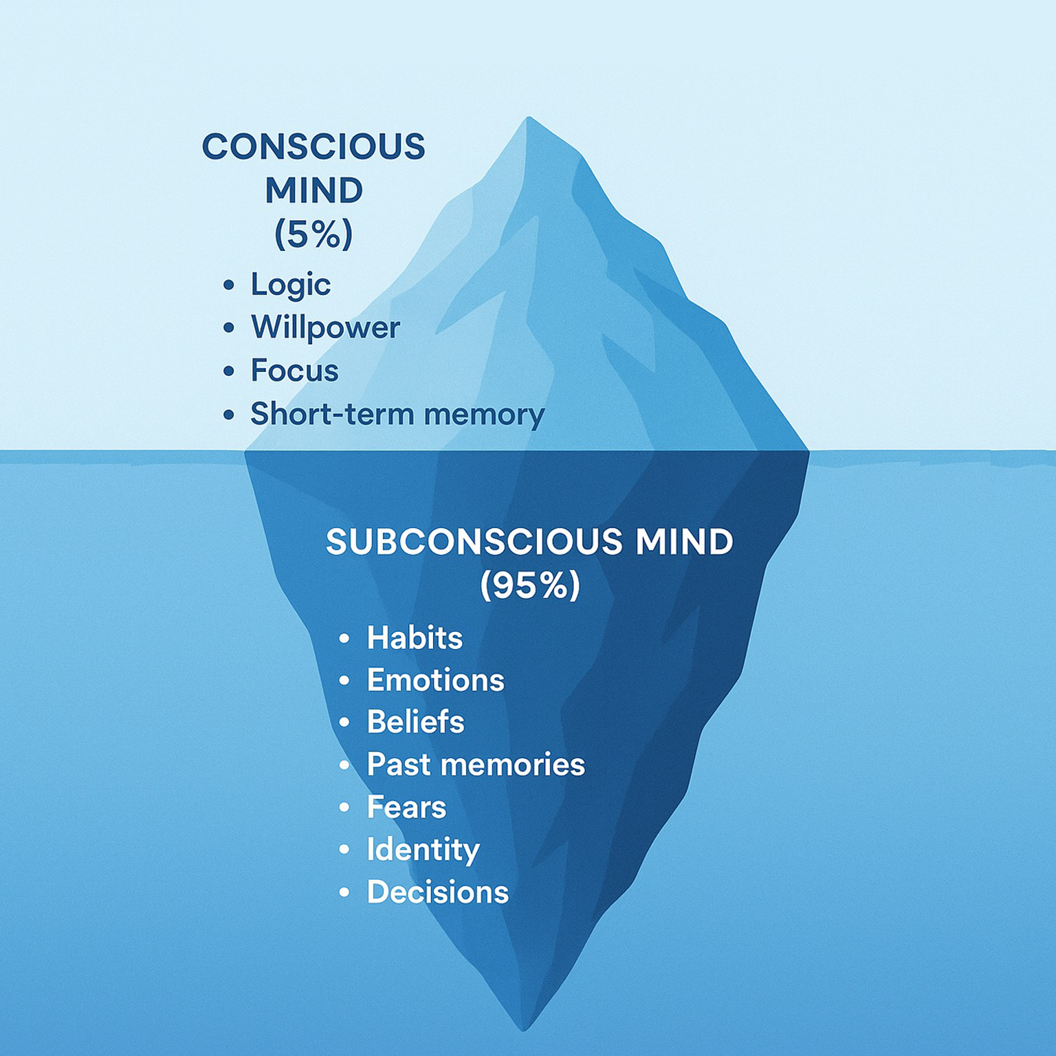Iceberg showing conscious mind vs subconscious mind